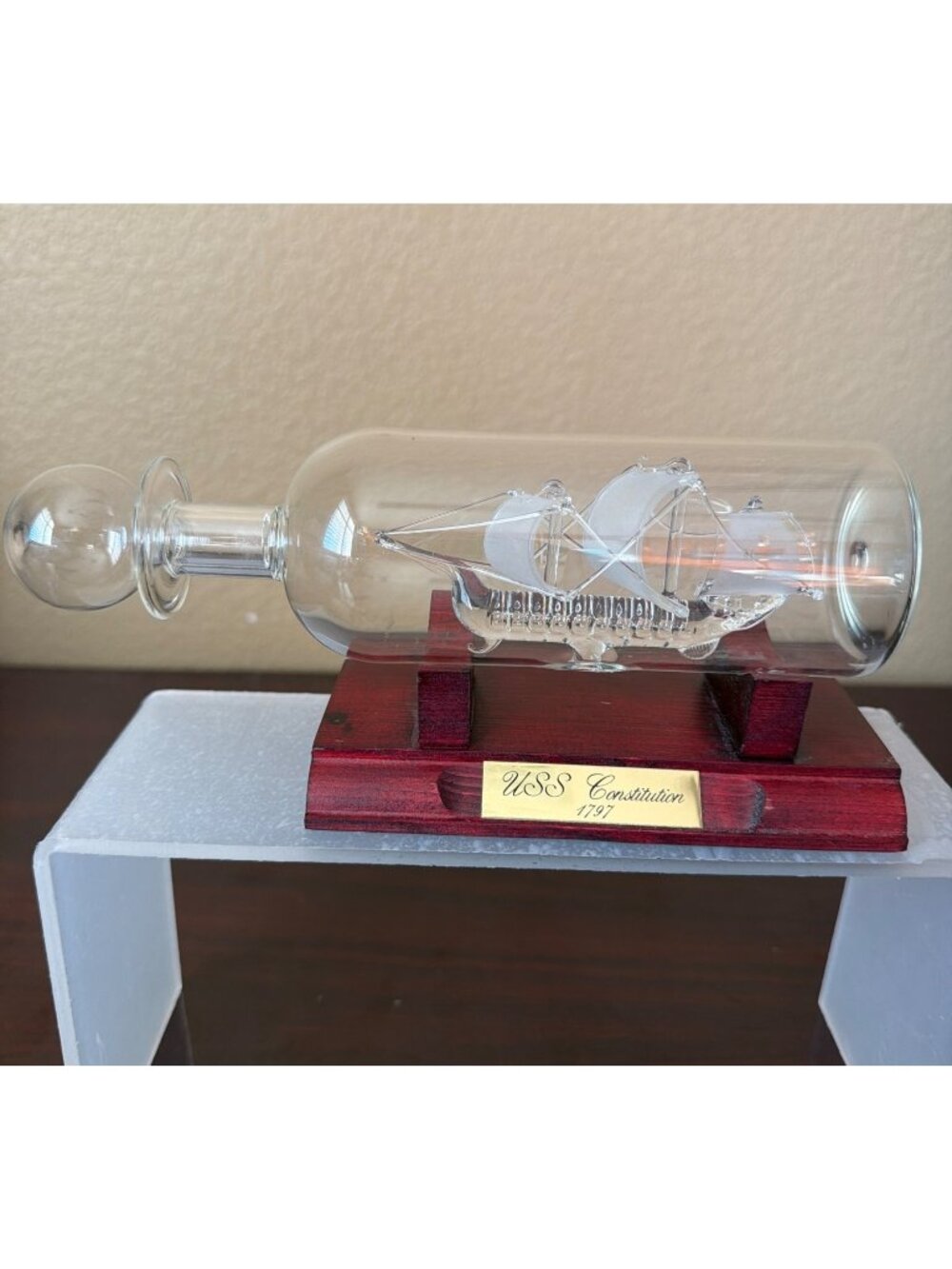 Vintage Mayflower Glass USS Constitution 1797 Ship in Glass Sculpture Wood Base